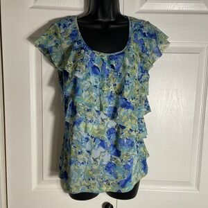Y2K Apt 9 Shirt Women Medium Blue Green Floral Tired Whimsical‎ Fairy Mesh Top